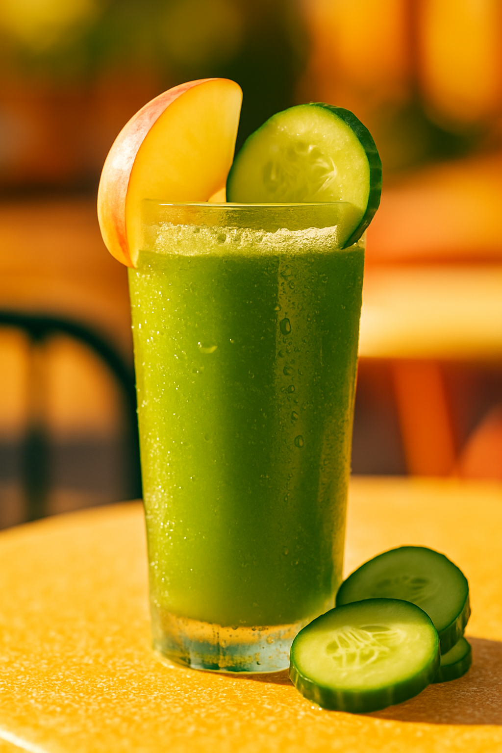Green Machine juice with apple and cucumber slices