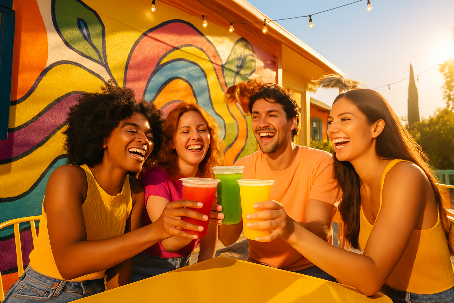 Friends clinking colourful juice cups on a sunny patio