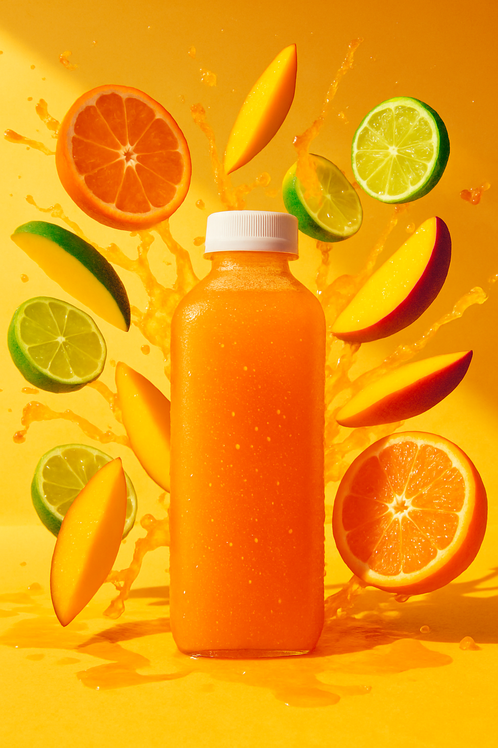 Fruit splashing behind a cold-pressed juice bottle