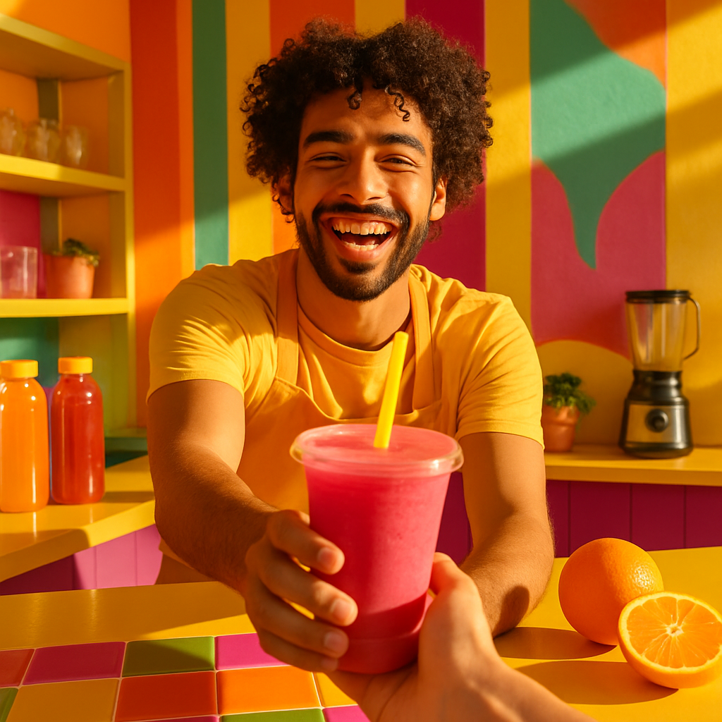 Barista handing over a bright cup